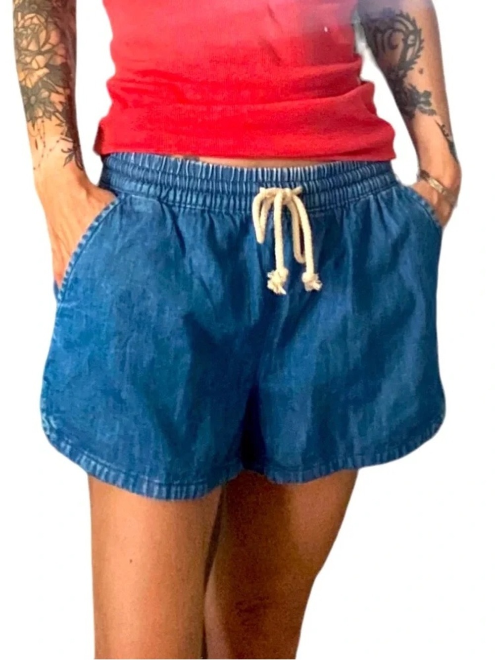 AERIE (S) Lightweight Denim Chambray Drawstring Shorts Pockets Pull-On